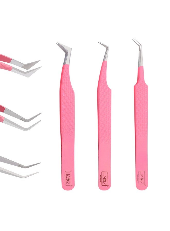 Hadiz Fiber Tip Volume Lash Tweezers Eyelash Extensions Volume Mega Volume 45 and 90 Degree Tweezers(Pack of 3, PINK) - Image 2