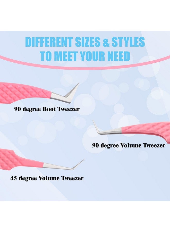 Hadiz Fiber Tip Volume Lash Tweezers Eyelash Extensions Volume Mega Volume 45 and 90 Degree Tweezers(Pack of 3, PINK) - Image 3
