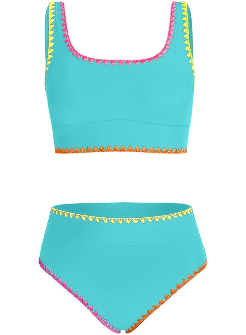 blibean Tween Girl Swimsuits Little Kids Girls Summer Swim Bathing Suits Teen Fashion Two Piece Bikini Boho Hawaii Swimwear Beach Sets Traje BaÃ±o NiÃ±as Size 6-7 Year Old Mint Green - Image 1