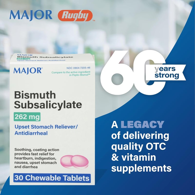 MAJOR Bismuth Subsalicylate 262mg Chewables  Offers Heartburn Indigestion Nausea Diarrhea and Upset Stomach Relief  Antidiarrheal  30 Chewable Tablets - Image 2
