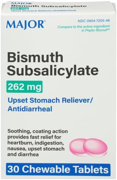 MAJOR Bismuth Subsalicylate 262mg Chewables  Offers Heartburn Indigestion Nausea Diarrhea and Upset Stomach Relief  Antidiarrheal  30 Chewable Tablets - Image 1