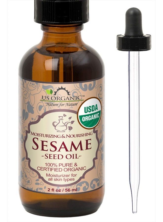US Organic زيت السمسم، عضوي معتمد، غير محمص، غير مكرر، نقي وطبيعي، معصور على البارد، في زجاجة زجاجية كهرمانية مع قطارة زجاجية (2 أونصة (صغيرة)) - Image 1