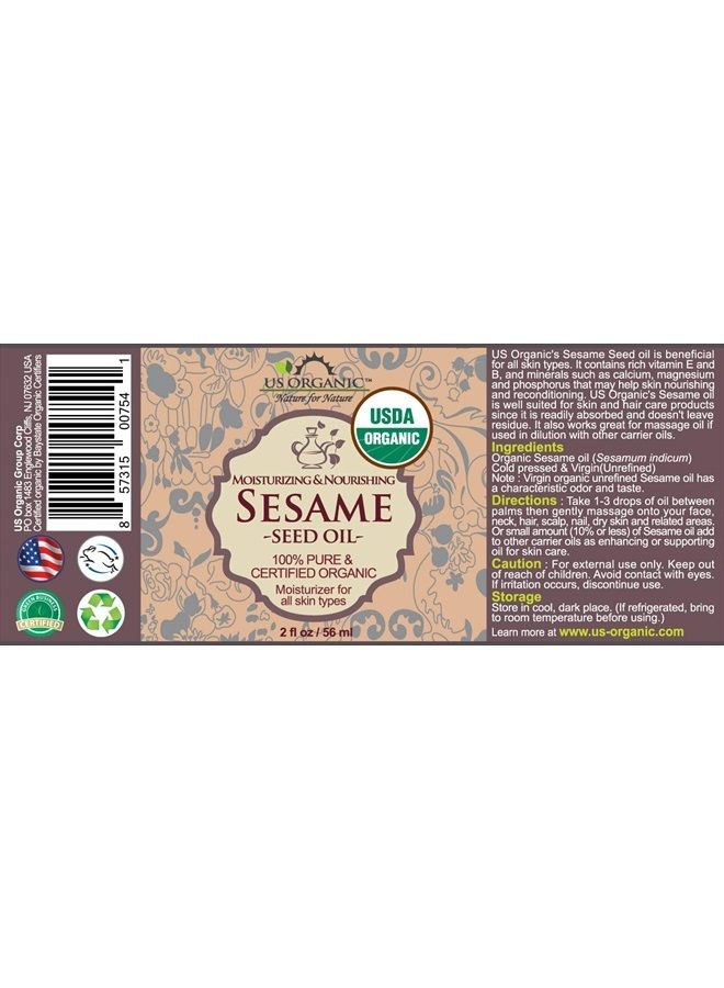 US Organic زيت السمسم، عضوي معتمد، غير محمص، غير مكرر، نقي وطبيعي، معصور على البارد، في زجاجة زجاجية كهرمانية مع قطارة زجاجية (2 أونصة (صغيرة)) - Image 2