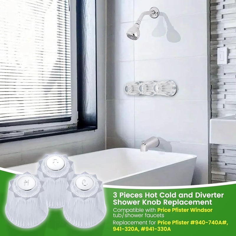 gcbcrit Shower Knobs 3 Piece Replacement Compatible with Price Pfister Windsor Tub and Shower Faucets,Shower Faucet Handle Replacement,3 Pieces Hot Cold and Diverter Shower Handles Replacement (Clear Acrylic) - Image 4