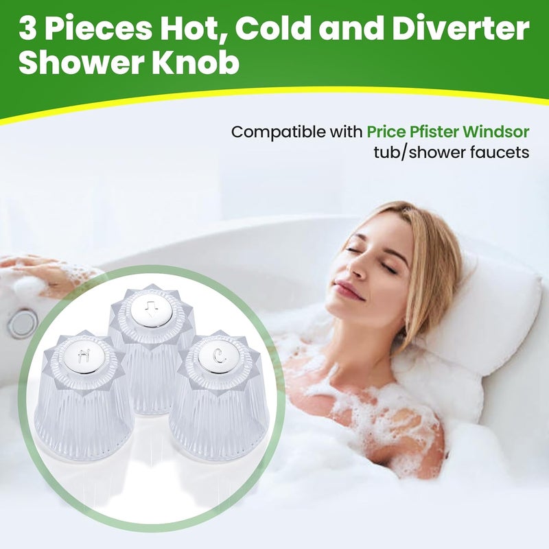 gcbcrit Shower Knobs 3 Piece Replacement Compatible with Price Pfister Windsor Tub and Shower Faucets,Shower Faucet Handle Replacement,3 Pieces Hot Cold and Diverter Shower Handles Replacement (Clear Acrylic) - Image 2