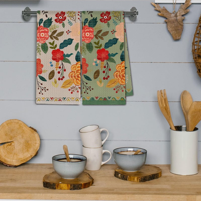 ChissNook Vintage Boho Floral Kitchen Towels, Retro Colorful Flower Dish Tea Towels Drying Cloth for Kitchen, Boho Wildflower Green and Beige Decorative Hand Towels for Bathroom, 16x24 Inch Set of 2 - Image 4