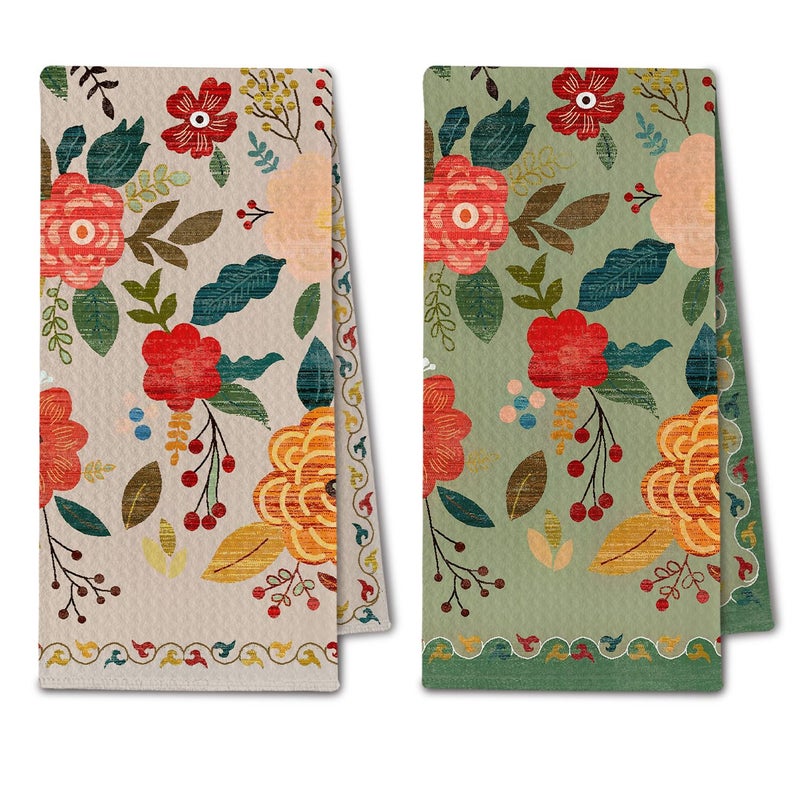 ChissNook Vintage Boho Floral Kitchen Towels, Retro Colorful Flower Dish Tea Towels Drying Cloth for Kitchen, Boho Wildflower Green and Beige Decorative Hand Towels for Bathroom, 16x24 Inch Set of 2 - Image 1