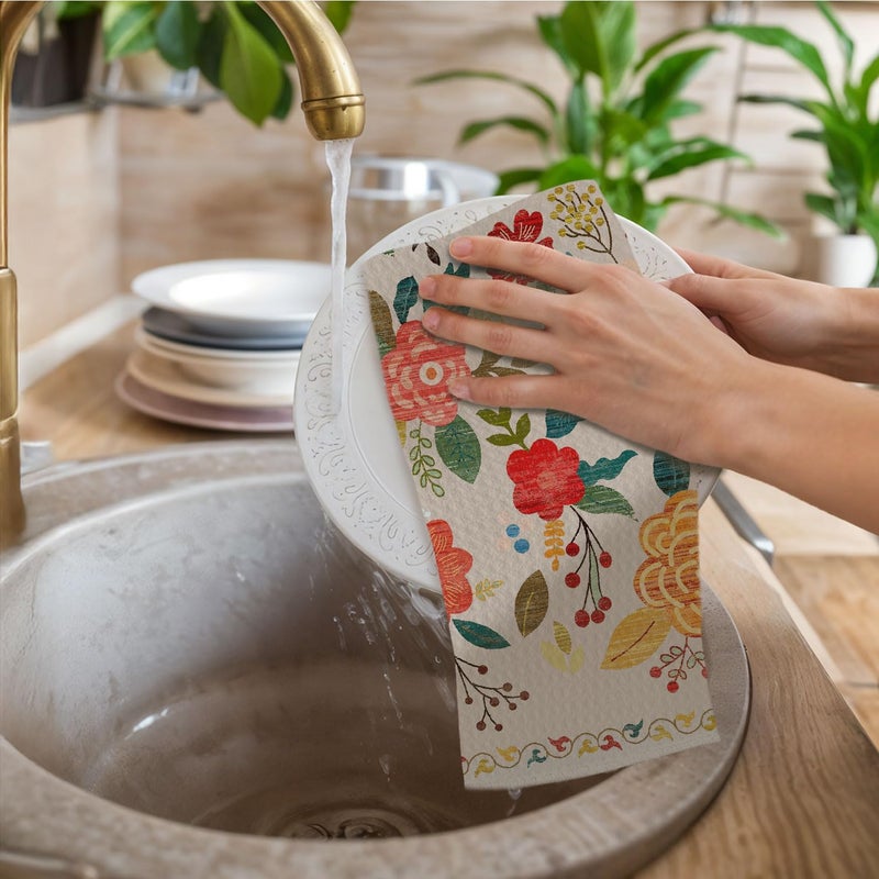 ChissNook Vintage Boho Floral Kitchen Towels, Retro Colorful Flower Dish Tea Towels Drying Cloth for Kitchen, Boho Wildflower Green and Beige Decorative Hand Towels for Bathroom, 16x24 Inch Set of 2 - Image 2