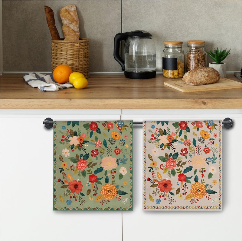 ChissNook Vintage Boho Floral Kitchen Towels, Retro Colorful Flower Dish Tea Towels Drying Cloth for Kitchen, Boho Wildflower Green and Beige Decorative Hand Towels for Bathroom, 16x24 Inch Set of 2 - Image 5