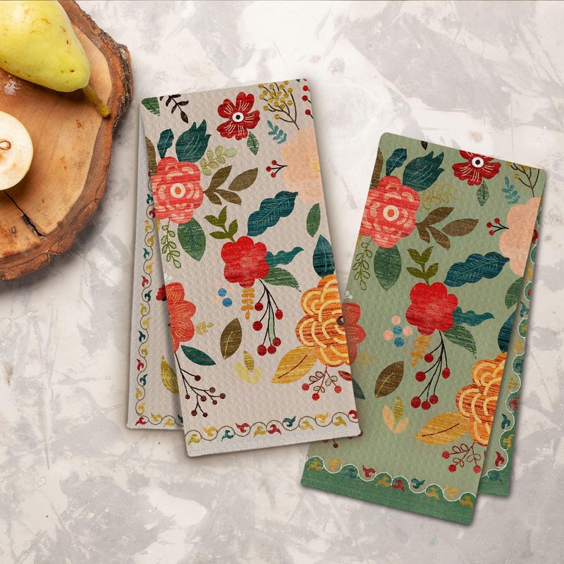 ChissNook Vintage Boho Floral Kitchen Towels, Retro Colorful Flower Dish Tea Towels Drying Cloth for Kitchen, Boho Wildflower Green and Beige Decorative Hand Towels for Bathroom, 16x24 Inch Set of 2 - Image 3