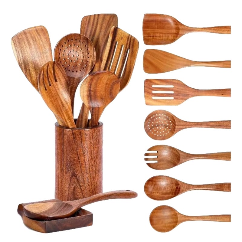 Wood Spatula 3-Piece Brown Acacia & Teak Wood Set - Cookware-Safe Smooth Surfaces Ergonomic Grip Wooden Utensil for Home Cooks Stir Fry Cooking