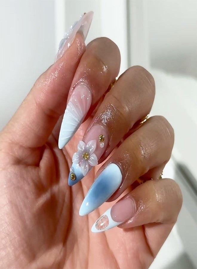FDSQHSA 24pcs Blue French Tip Press on Nails Medium Almond Fake Nails with 3D Flower Gold Beads Designs Gradient False Nail Tips Floral Acrylic Nails Artificial Full Cover Stick on Nails for Women - Image 1
