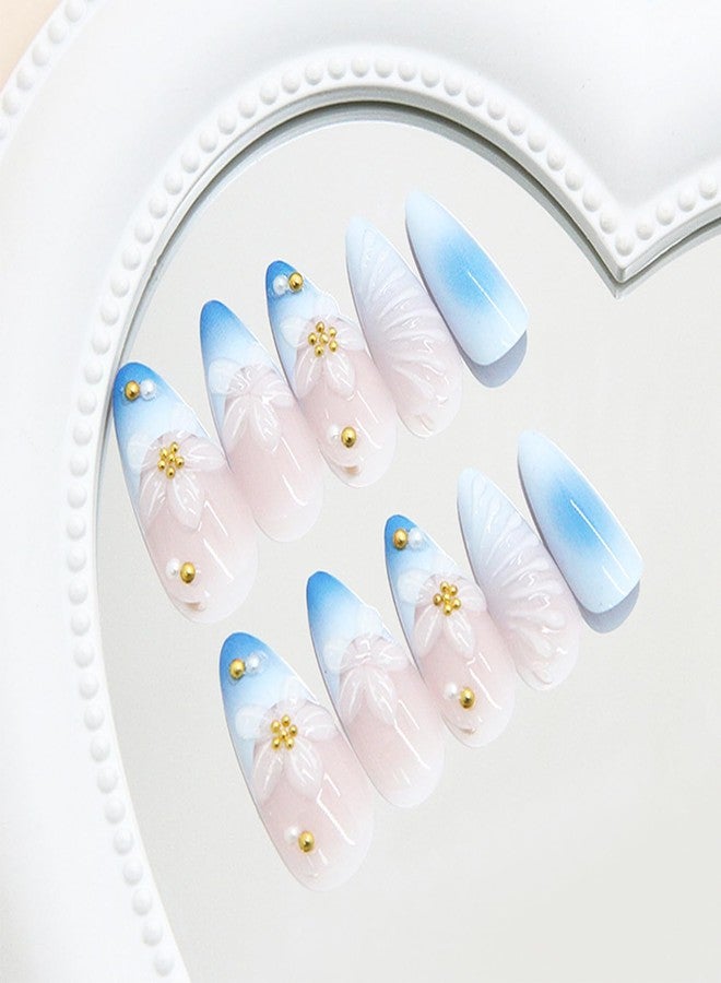 FDSQHSA 24pcs Blue French Tip Press on Nails Medium Almond Fake Nails with 3D Flower Gold Beads Designs Gradient False Nail Tips Floral Acrylic Nails Artificial Full Cover Stick on Nails for Women - Image 5
