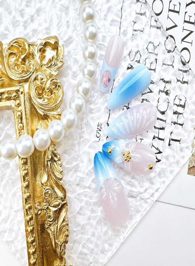 FDSQHSA 24pcs Blue French Tip Press on Nails Medium Almond Fake Nails with 3D Flower Gold Beads Designs Gradient False Nail Tips Floral Acrylic Nails Artificial Full Cover Stick on Nails for Women - Image 2