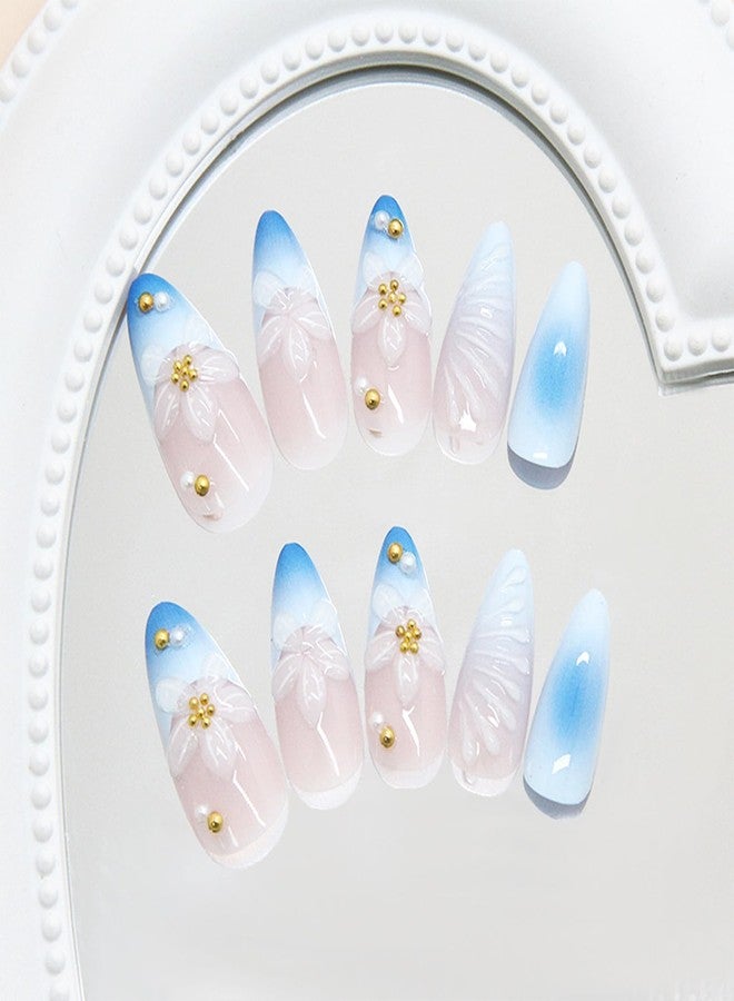 FDSQHSA 24pcs Blue French Tip Press on Nails Medium Almond Fake Nails with 3D Flower Gold Beads Designs Gradient False Nail Tips Floral Acrylic Nails Artificial Full Cover Stick on Nails for Women - Image 3