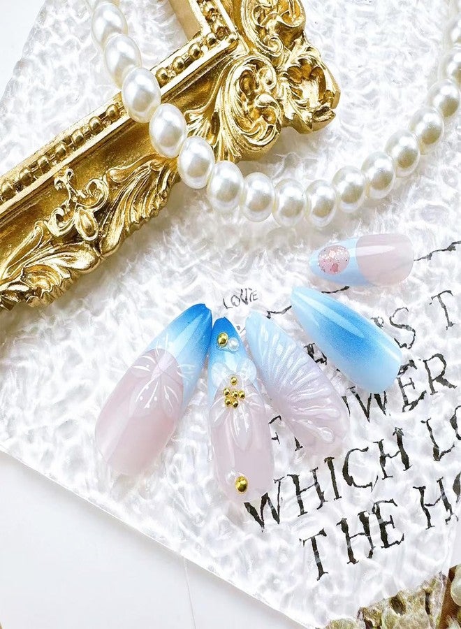 FDSQHSA 24pcs Blue French Tip Press on Nails Medium Almond Fake Nails with 3D Flower Gold Beads Designs Gradient False Nail Tips Floral Acrylic Nails Artificial Full Cover Stick on Nails for Women - Image 4