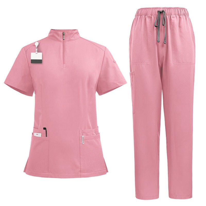 Zipper Front Stand Collar Medical Scrub Set for Hospital Staff, S-XXL, Assorted Colors - Image 1