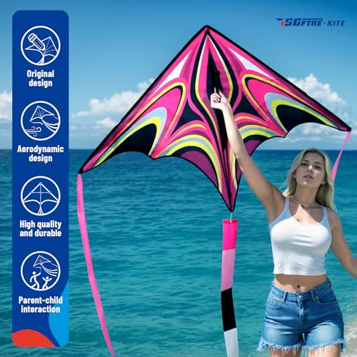 SGftre Delta Pink Kite Easy to Fly Large Kites for Kids and Adults Sturdy and Durable Beach Kites for Family Outdoor Games Activities Ideal for High Altitude Flying Pink - Image 5