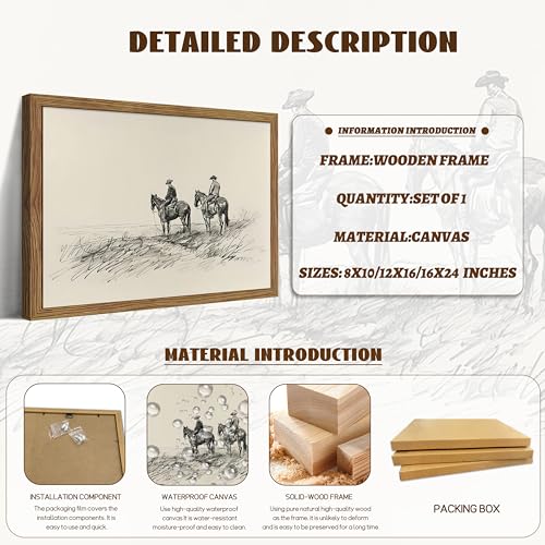AKWISH Framed Western Wall Art, Cowboys on Horses Sketch Picture Print, Western Wall Decor, Vintage Country Farmhouse Western Cowboys Canvas for Living Room Bedroom Home 8x10 inch - Image 5