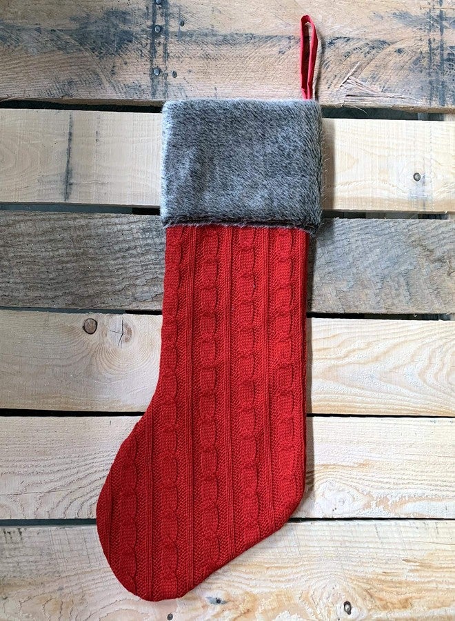 GiftWrap Etc. Red Cable Knit Christmas Stocking - 20" H, 8" W, Brown Faux Fur Boot Cuff, Soft, Knitted Boot, Attached Hanging Loop, Mantle Decoration, Fireplace Decor - Image 2