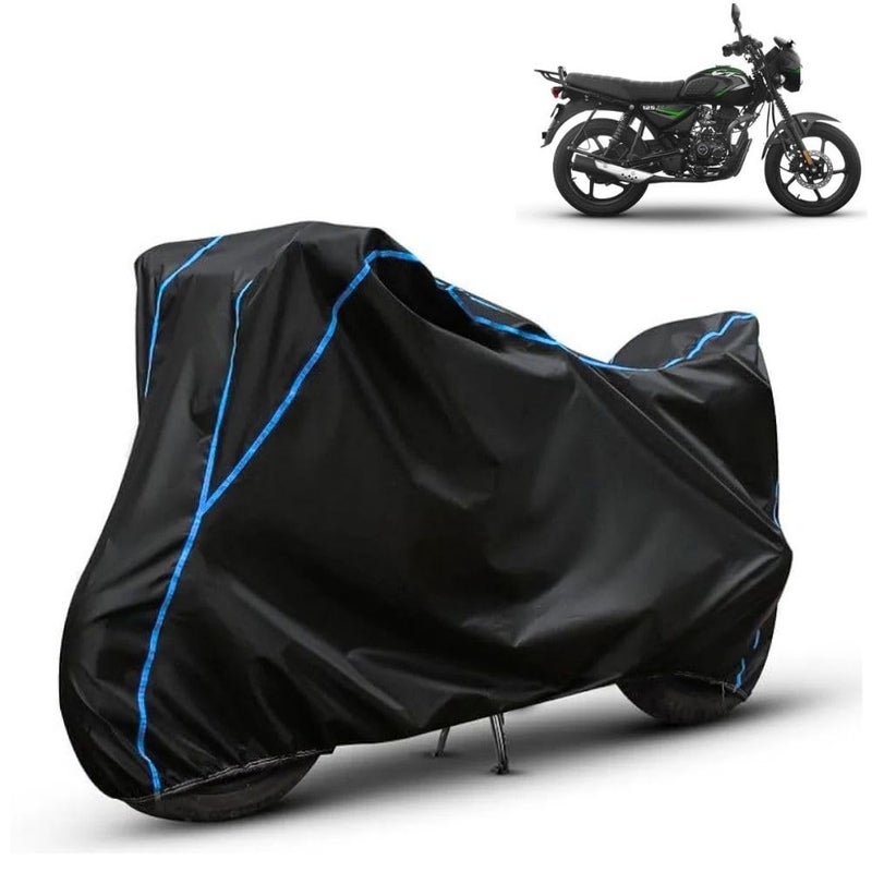 FAVY Water Resistant Bike Cover Compatible with Bajaj CT 125X, Rain, UV, Dust and Scratch Proof, All-Weather Proof Full Body Bike Cover, Black with Blue Piping, Triple Stitched with Elastic Bottom - Image 1