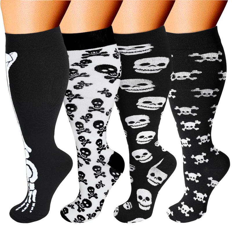 Double Couple 4 Pairs Skull Wide Calf Compression Socks for Men Women 15-20mmHg Knee High Support Circulation for Nurses, Travel, Pregnancy - Image 1
