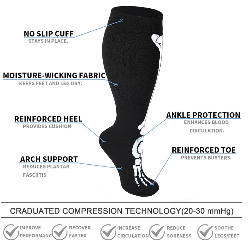 Double Couple 4 Pairs Skull Wide Calf Compression Socks for Men Women 15-20mmHg Knee High Support Circulation for Nurses, Travel, Pregnancy - Image 4