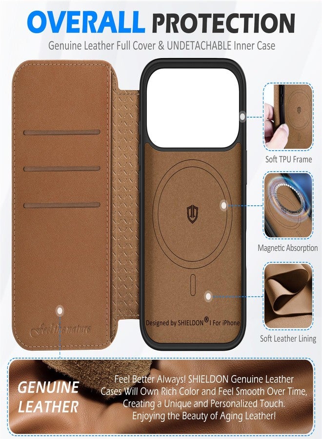 SHIELDON Slim Genuine Leather Wallet Case Compatible with iPhone 17 Pro 6.3-inch 5G 2025, Magnetic Wireless Charging, RFID Blocking, 3 Card Slots, Shock-Absorbent, Protective Flip Cover - Saddle Brown - Image 3