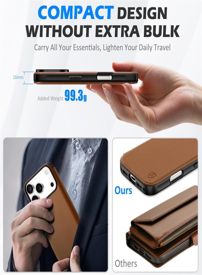SHIELDON Slim Genuine Leather Wallet Case Compatible with iPhone 17 Pro 6.3-inch 5G 2025, Magnetic Wireless Charging, RFID Blocking, 3 Card Slots, Shock-Absorbent, Protective Flip Cover - Saddle Brown - Image 4