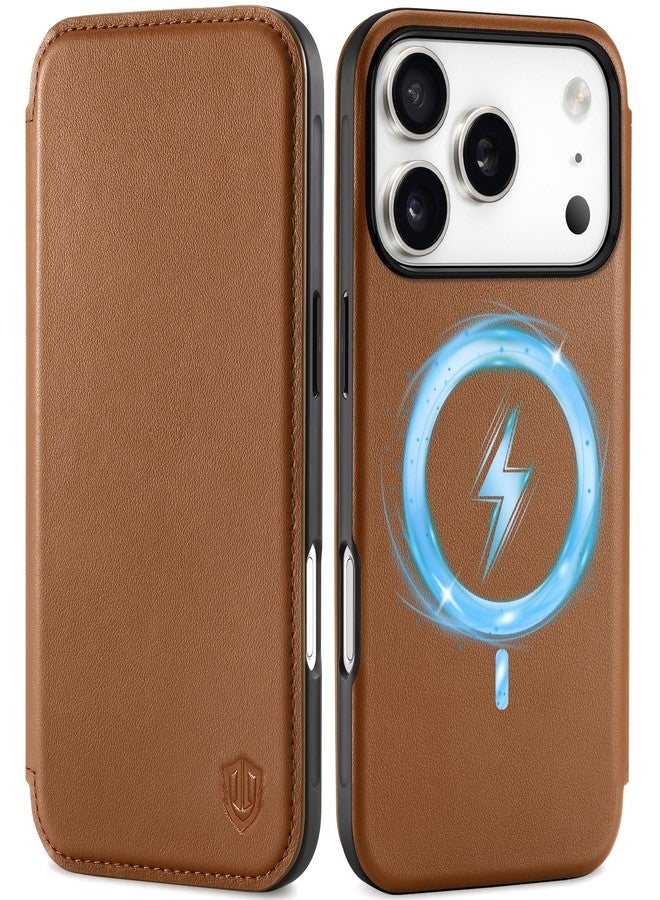 SHIELDON Slim Genuine Leather Wallet Case Compatible with iPhone 17 Pro 6.3-inch 5G 2025, Magnetic Wireless Charging, RFID Blocking, 3 Card Slots, Shock-Absorbent, Protective Flip Cover - Saddle Brown - Image 1