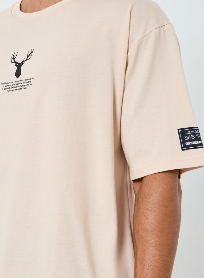 Styli Men Beige Graphic Oversized T-Shirt - Image 3
