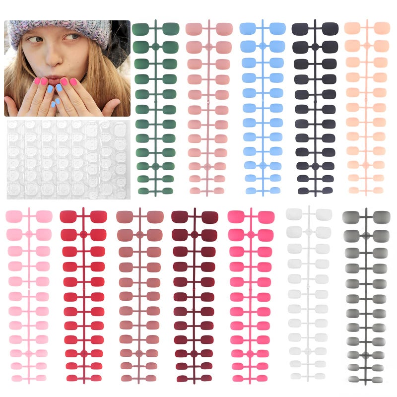 288 Piece Matte Kids Press on Nails Wsimily 12 Colors Kids Fake Nails Children Round Square False Nails Acrylic Full Cover False Nail Artificial Fingernails Manicure Decoration for Women Girls