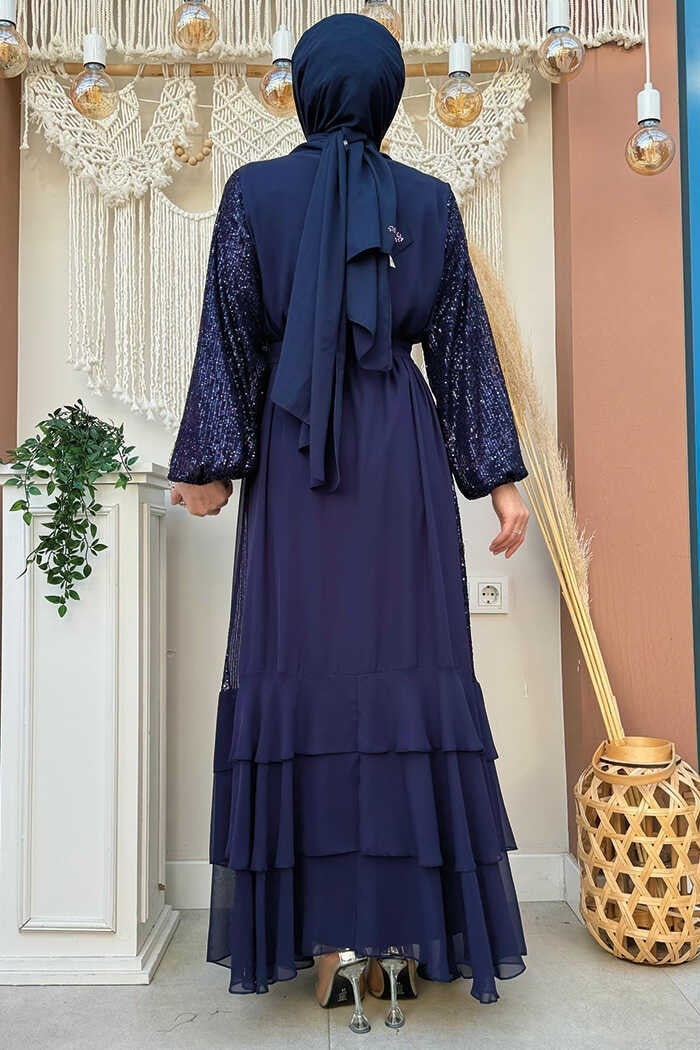 Bym Fashion Sequin Embroidered Abaya and Dress Set 8483 Navy Blue  - Image 2