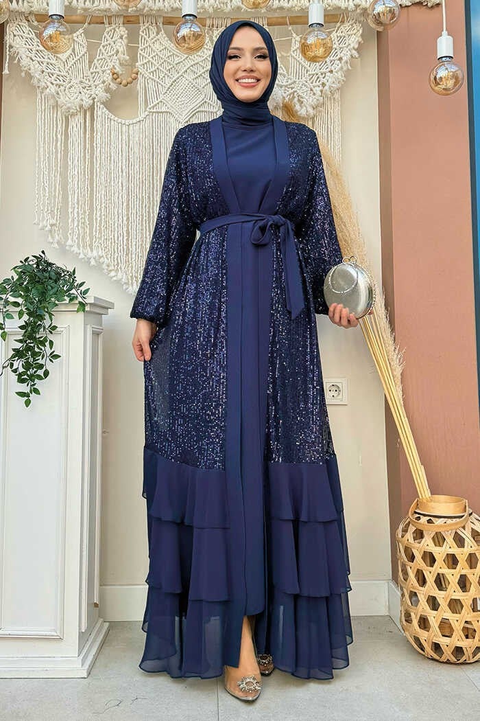 Bym Fashion Sequin Embroidered Abaya and Dress Set 8483 Navy Blue  - Image 1