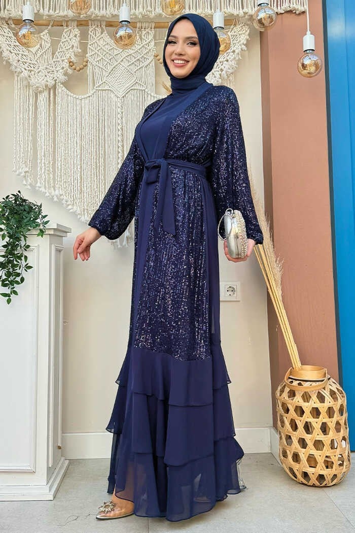 Bym Fashion Sequin Embroidered Abaya and Dress Set 8483 Navy Blue  - Image 3