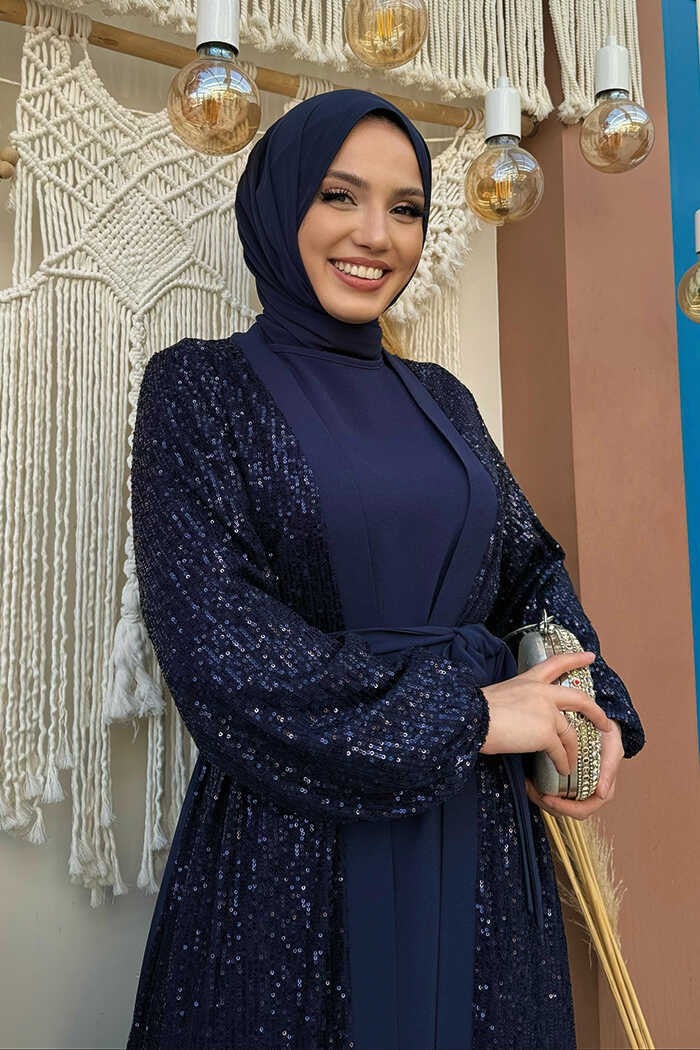 Bym Fashion Sequin Embroidered Abaya and Dress Set 8483 Navy Blue  - Image 4
