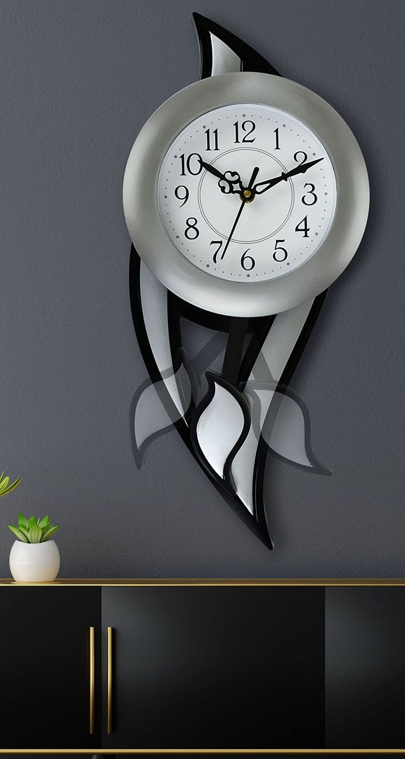 Harbour Plastic Analog Latest Stylish New Models Wall Clock with Pendulum (Size Height 42.5 cm X Width 17.5 cm, Silver)- Home Decor Big Size Wall Clock MJ SN 18 - 2 - Image 1