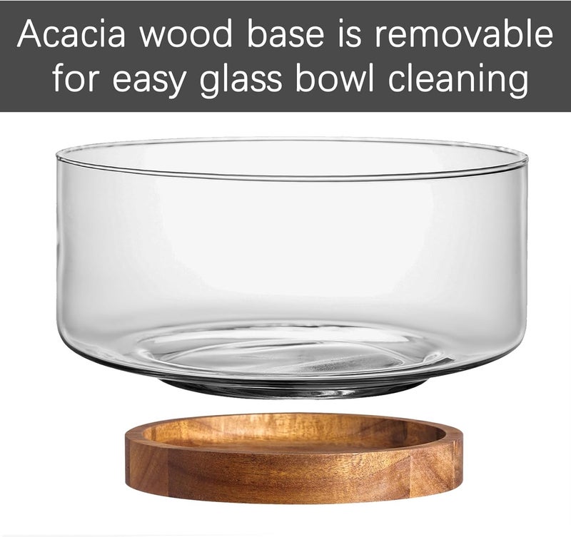 LiTY Glass Salad Bowl Set, 9″ Medium Salad Servers with Acacia Wood Base and Salad Serving Utensils, for Party, Fruits, Popcorn, Chips, Pasta, Kitchen Must-Have - Image 3