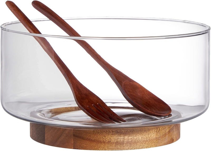 LiTY Glass Salad Bowl Set, 9″ Medium Salad Servers with Acacia Wood Base and Salad Serving Utensils, for Party, Fruits, Popcorn, Chips, Pasta, Kitchen Must-Have - Image 1