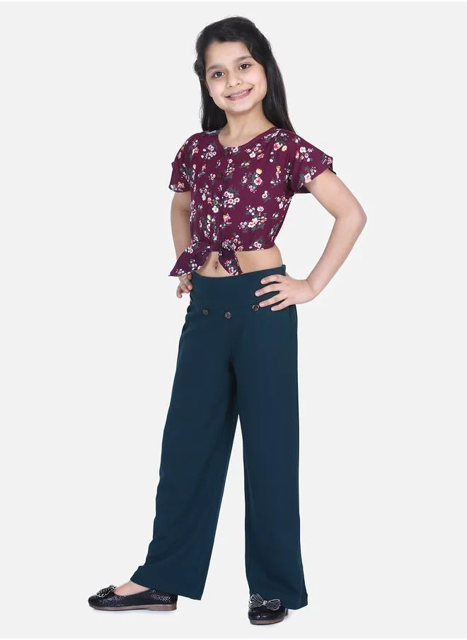 ليلك Wine Knot Top with Stretchable Pant Set