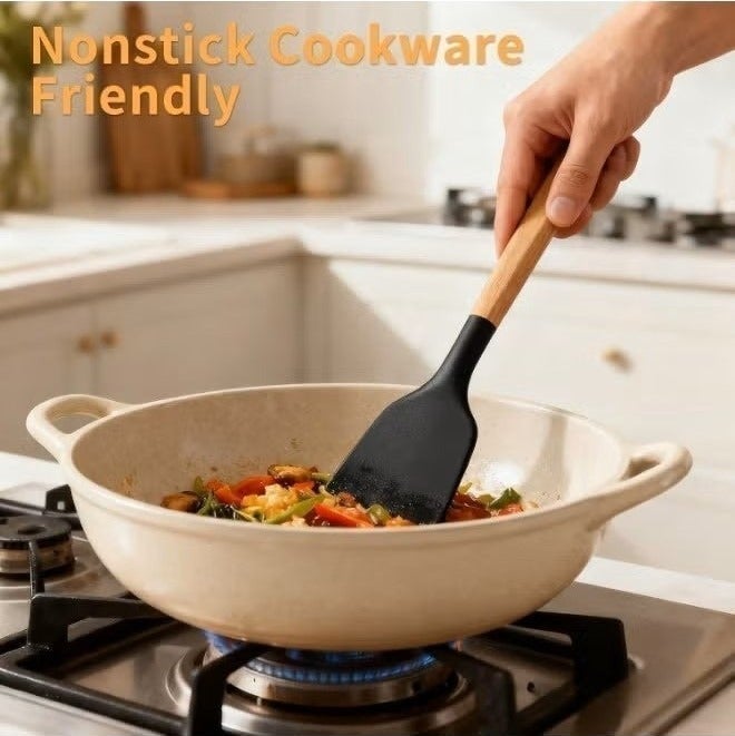 O2. Black 12-Piece Silicone Kitchen Utensil Set with Wooden Handles & Holder – Heat Resistant Cooking Tools Set - Image 4