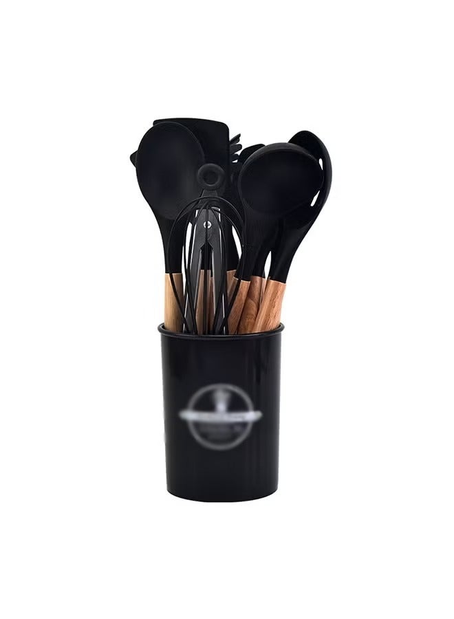 O2. Black 12-Piece Silicone Kitchen Utensil Set with Wooden Handles & Holder – Heat Resistant Cooking Tools Set - Image 2