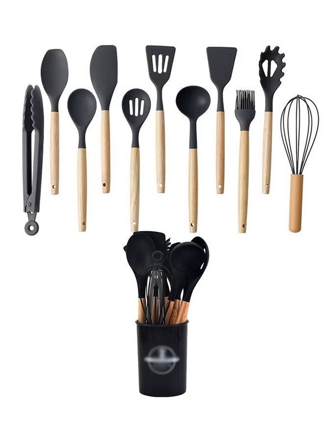 O2. Black 12-Piece Silicone Kitchen Utensil Set with Wooden Handles & Holder – Heat Resistant Cooking Tools Set - Image 1