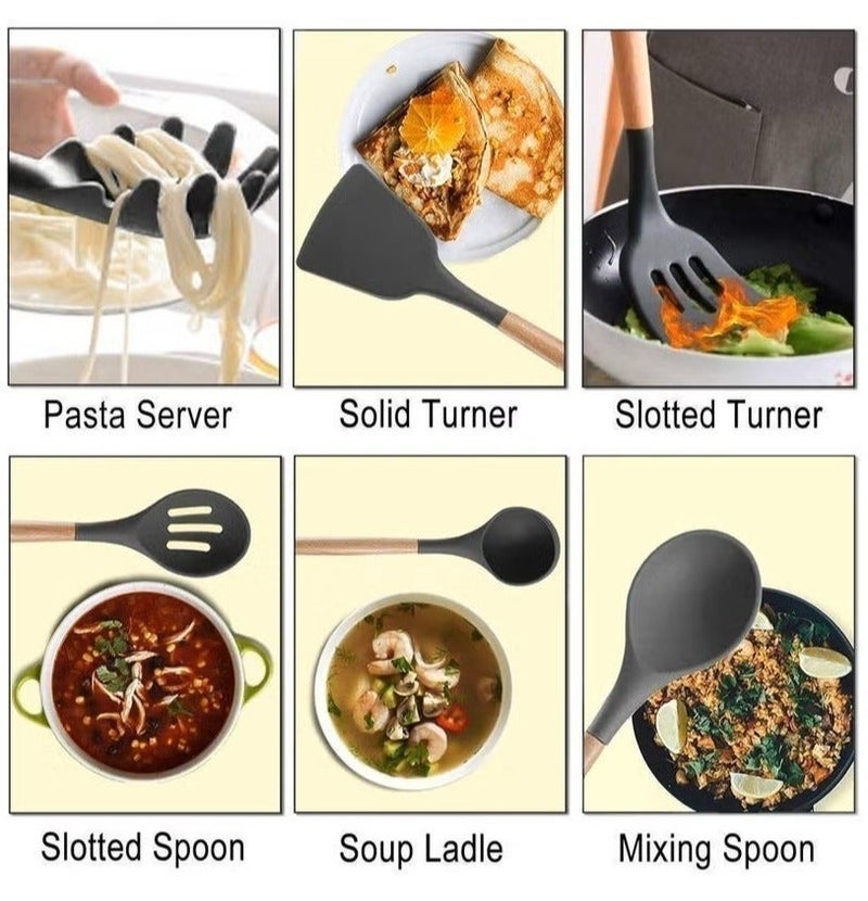 O2. Black 12-Piece Silicone Kitchen Utensil Set with Wooden Handles & Holder – Heat Resistant Cooking Tools Set - Image 3