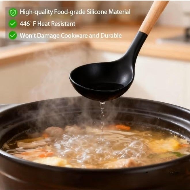 O2. Black 12-Piece Silicone Kitchen Utensil Set with Wooden Handles & Holder – Heat Resistant Cooking Tools Set - Image 5