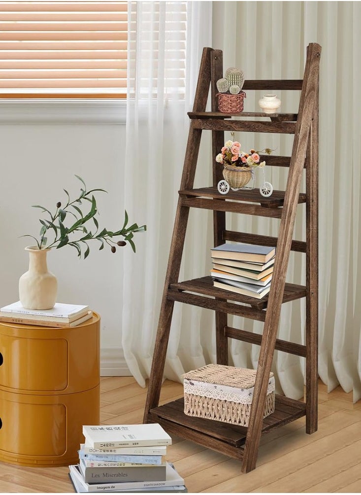 Generic FFD 4-Tier Foldable Wooden Ladder Shelf, Multi-Functional Storage Rack & Organizer, No Assembly, Portable Design for Books, Plants, Décor, Compact Solid Wood Construction, 42x32x114 cm  - Image 1