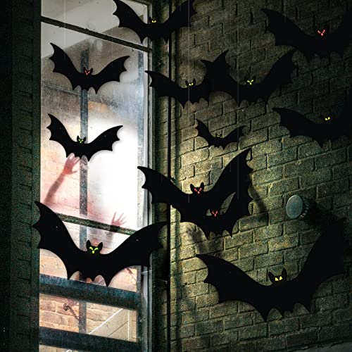 VERNILLA Hanging Bats Halloween Decorations 12pcs 3D Realistic Halloween Hanging Flying Bat with Glowing Eyes for Outdoor (3 Styles) - Image 5