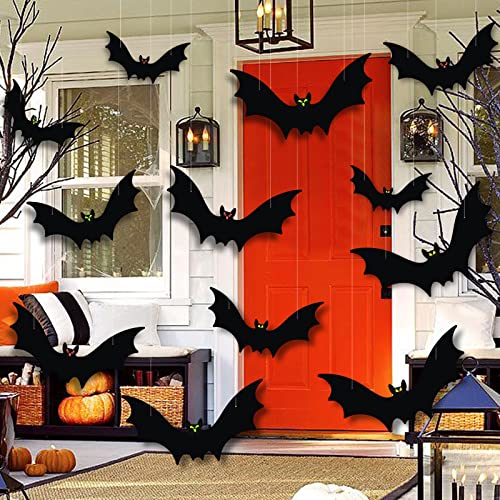 VERNILLA Hanging Bats Halloween Decorations 12pcs 3D Realistic Halloween Hanging Flying Bat with Glowing Eyes for Outdoor (3 Styles) - Image 1