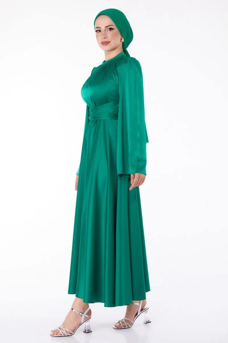 Tofisa Plain Hooded Collar Women's Green Cross Belted Evening Dress - 25646