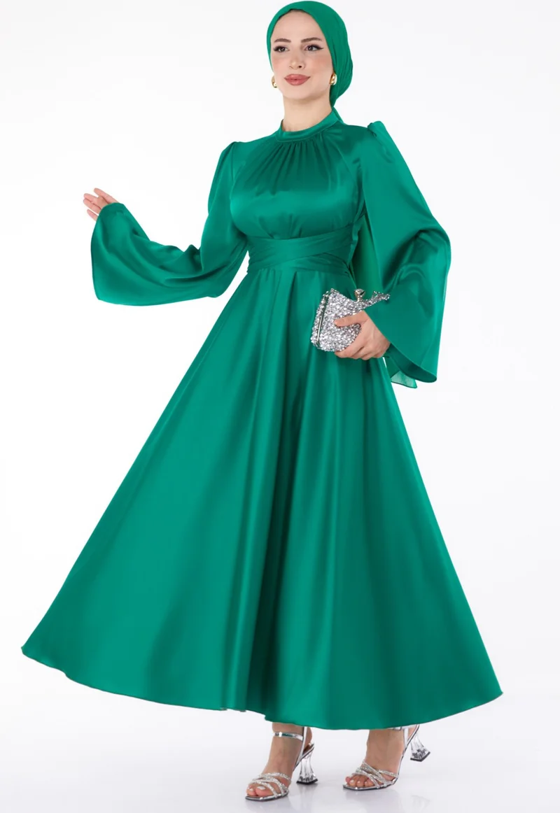Tofisa Plain Hooded Collar Women's Green Cross Belted Evening Dress - 25646
